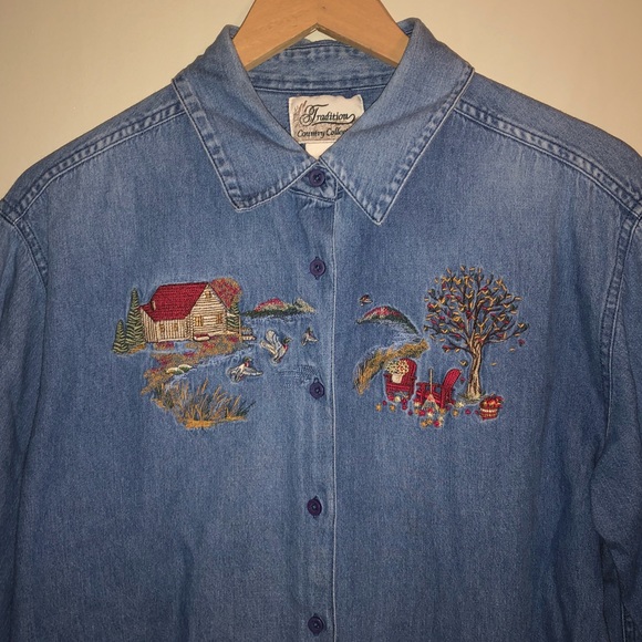 Tops - 🎉 Fall Appliqué Button Up Denim Collared Shirt